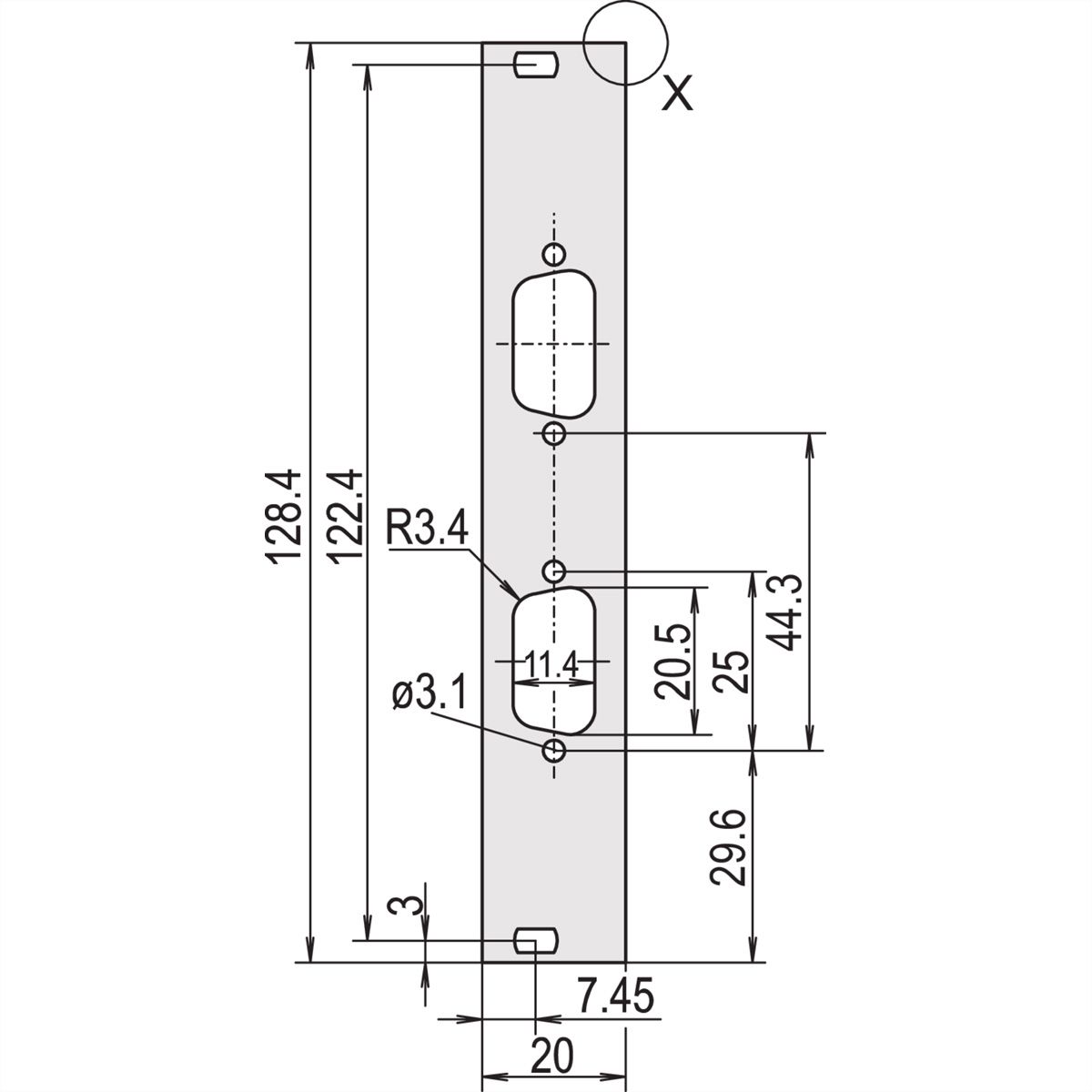 SCHROFF Face avant, plate, non blindée, découpe Sub-D, 3 U, 4 HP, 2 x 9 broches, 2,5 mm, alu, anodisé avant, conducteur arrière