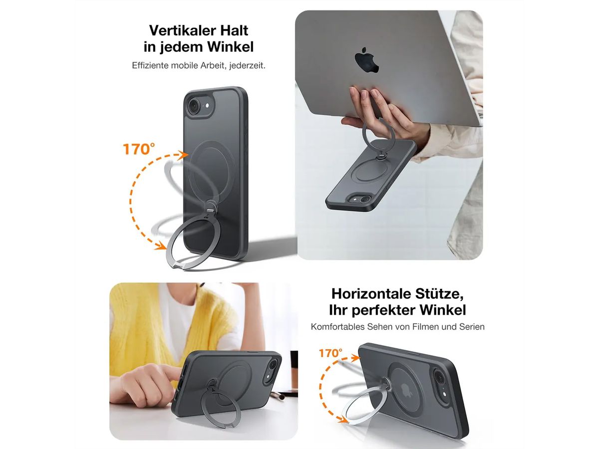Torras Ostand 360° Spin Schutzhülle, iPhone 16e, MagSafe, schwarz