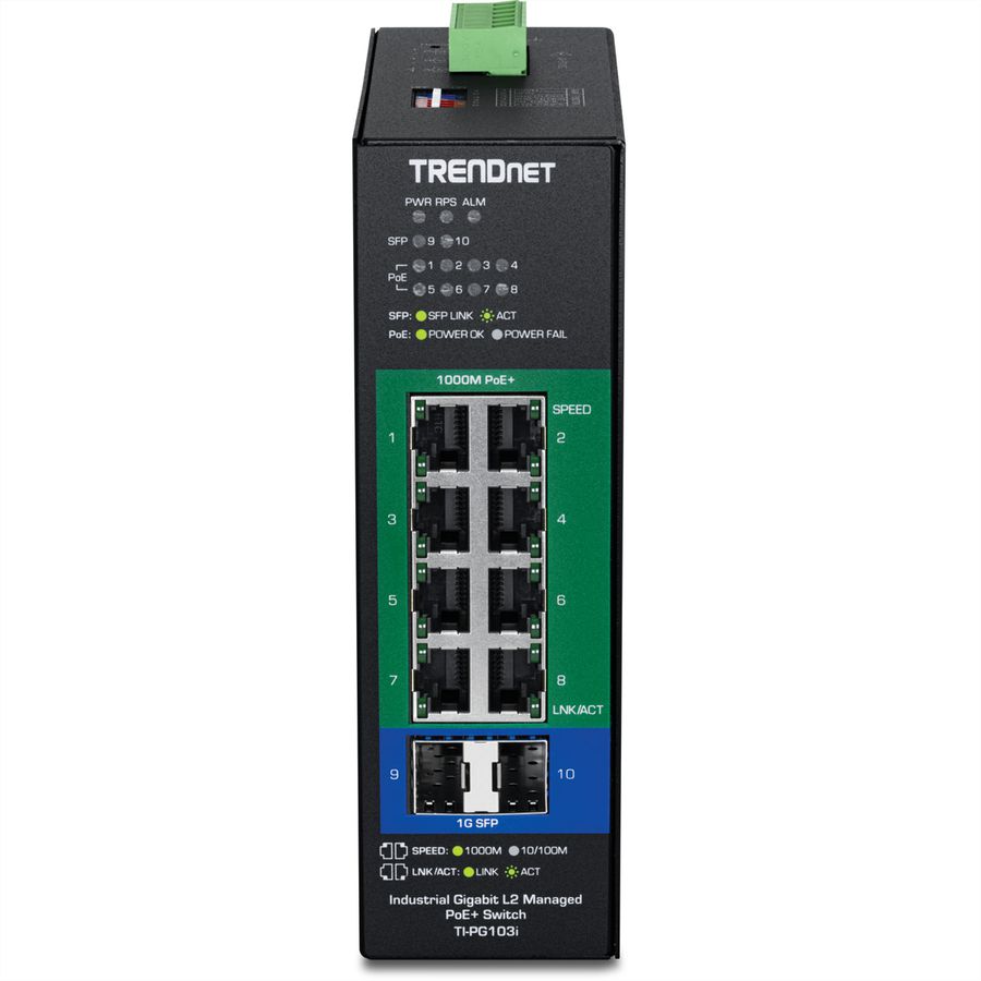 TRENDnet TI-PG103i Switch industriel Rail DIN administrable PoE+ Gigabit L2 à 10 ports, 24-57V