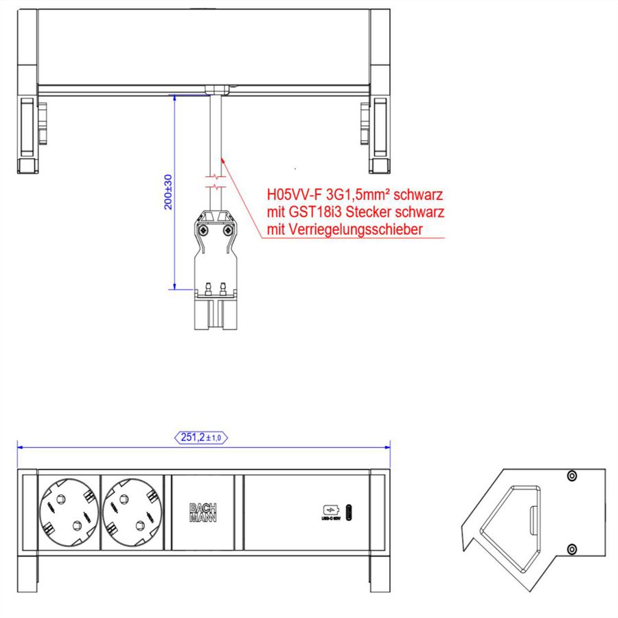 BACHMANN DESK2 ALU BLACK 2x contact de protection USBC