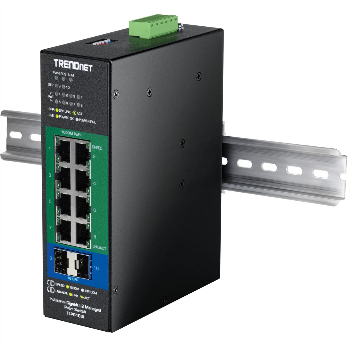 TRENDnet TI-PG103i Switch industriel Rail DIN administrable PoE+ Gigabit L2 à 10 ports, 24-57V