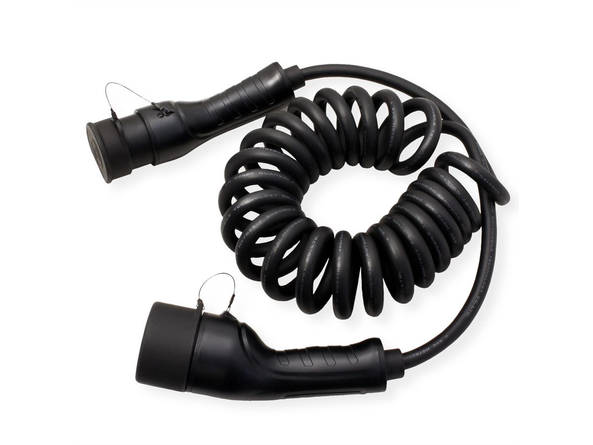 ROLINE E-Auto Ladekabel Typ2, 1-phasig, 250VAC (1P+N+E), 32 A, 7,4 kW, Spiralkabel (max. 3m)