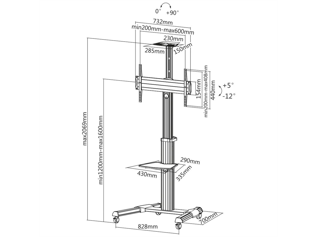 ROLINE Support LCD/TV sur roues, argent, jusqu'à 50kg, argent