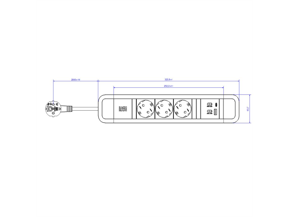 BACHMANN PRIMO 2 3xCEE7/3 1xUSB A/C 22W 2,0m CEE7/7 RAL5010