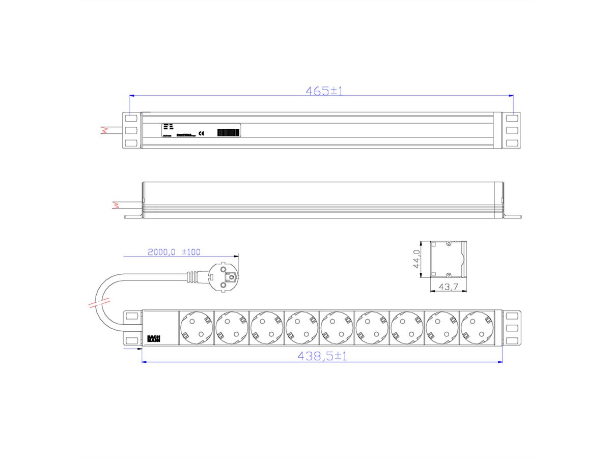 BACHMANN Bâti de prises 19" 9x, sans interrupteur, argent