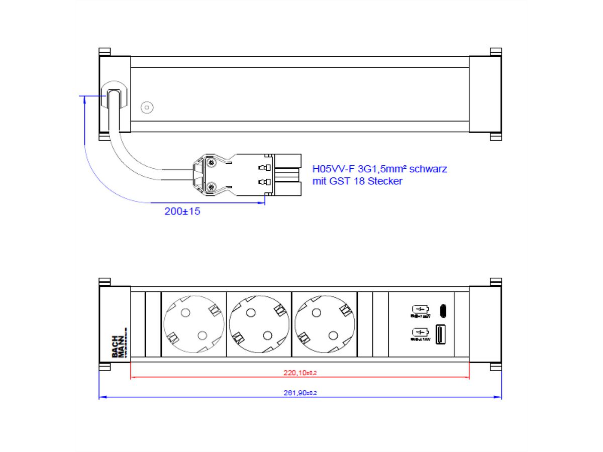 BACHMANN POWER FRAME M 3xCEE7/3, USB A&C 22W Charger 0,2m GST18