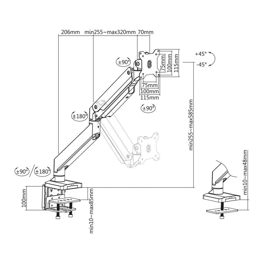 ROLINE LCD-Arm, Tischmontage, Gasfeder, 5 Gelenke, bis 18 kg
