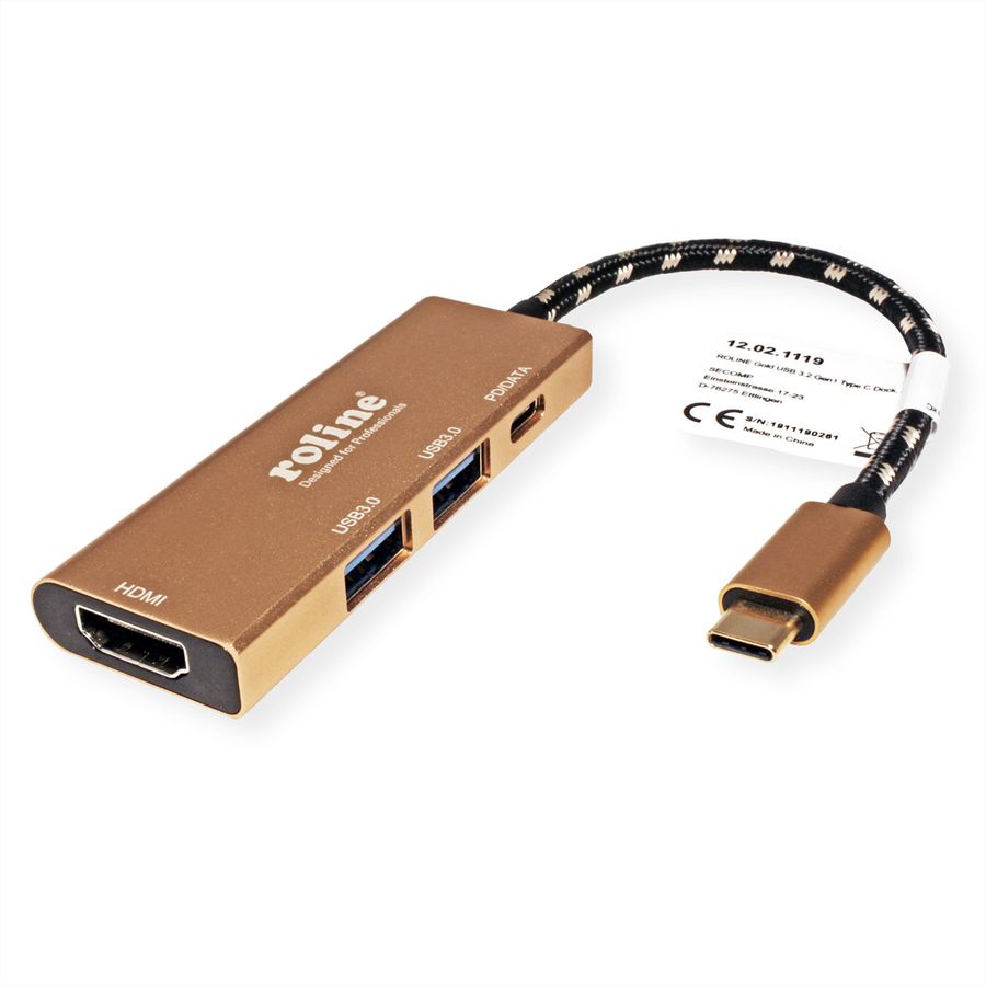 ROLINE GOLD Station d'accueil USB-C, 4K HDMI, 2 ports USB 3.2 Gen 1, 1x USB type C PD (Power Delivery)