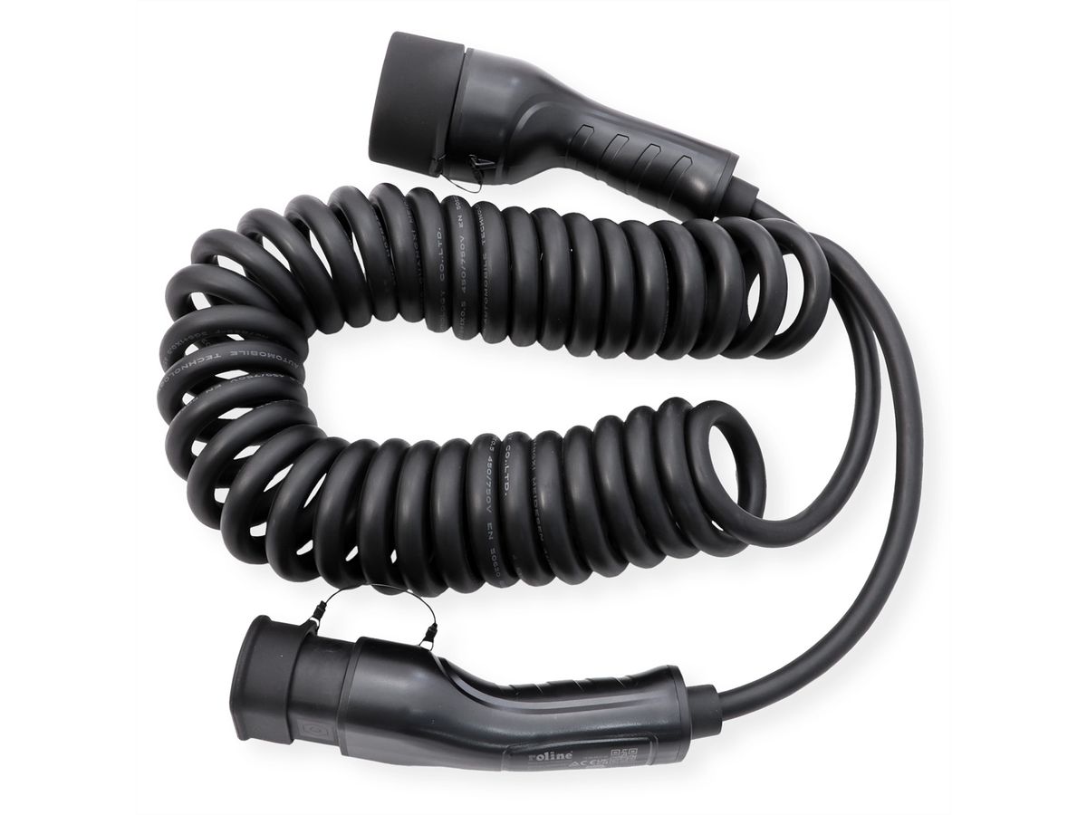 ROLINE E-Auto Ladekabel Typ2, 1-phasig, 250VAC (1P+N+E), 32 A, 7,4 kW, Spiralkabel (max. 5m)