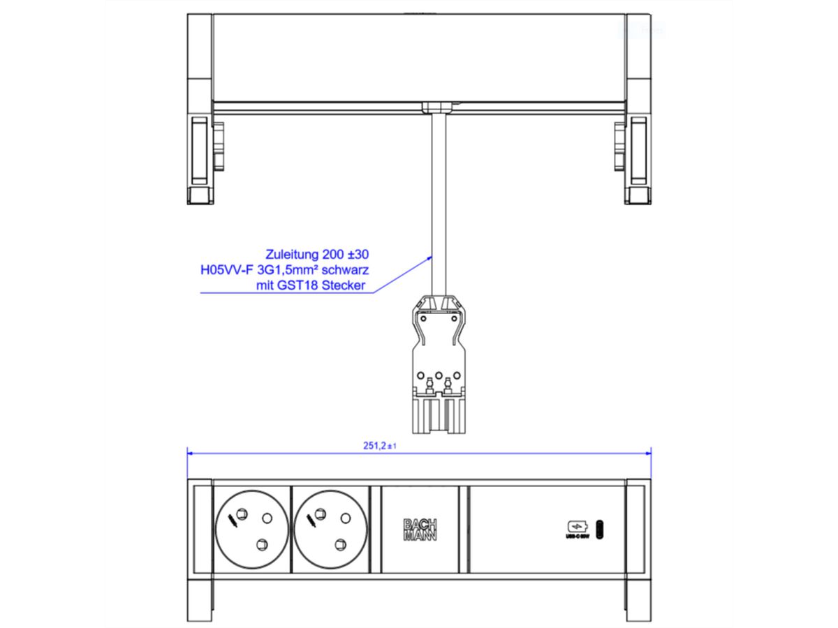 BACHMANN DESK2 ALU BLACK 2xUTE 1xUSBC 60W 0,2m GST18