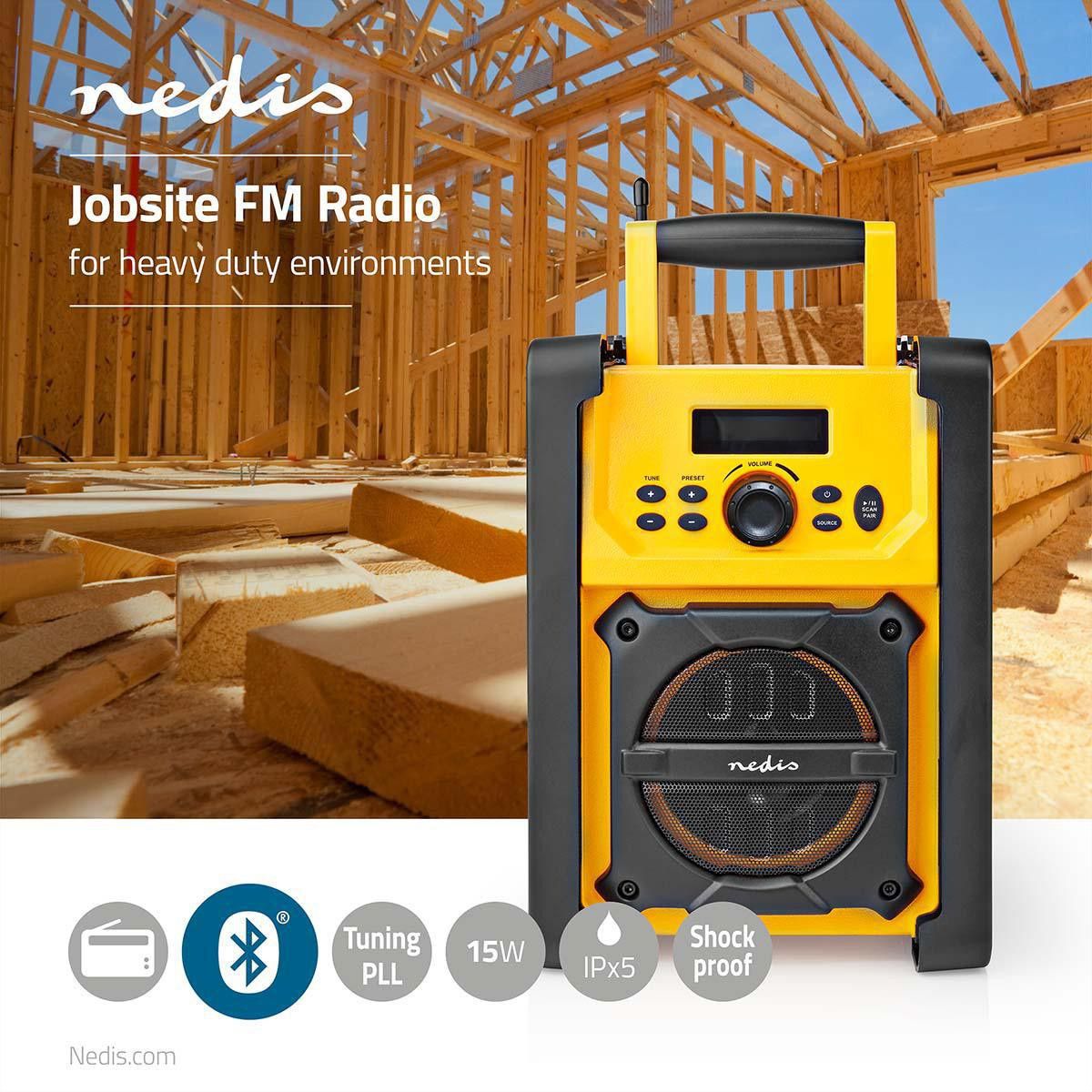 Nedis Baustellenradio FM, Bluetooth, AUX, Schutzart IPX5, Batterie/Netzbetrieb