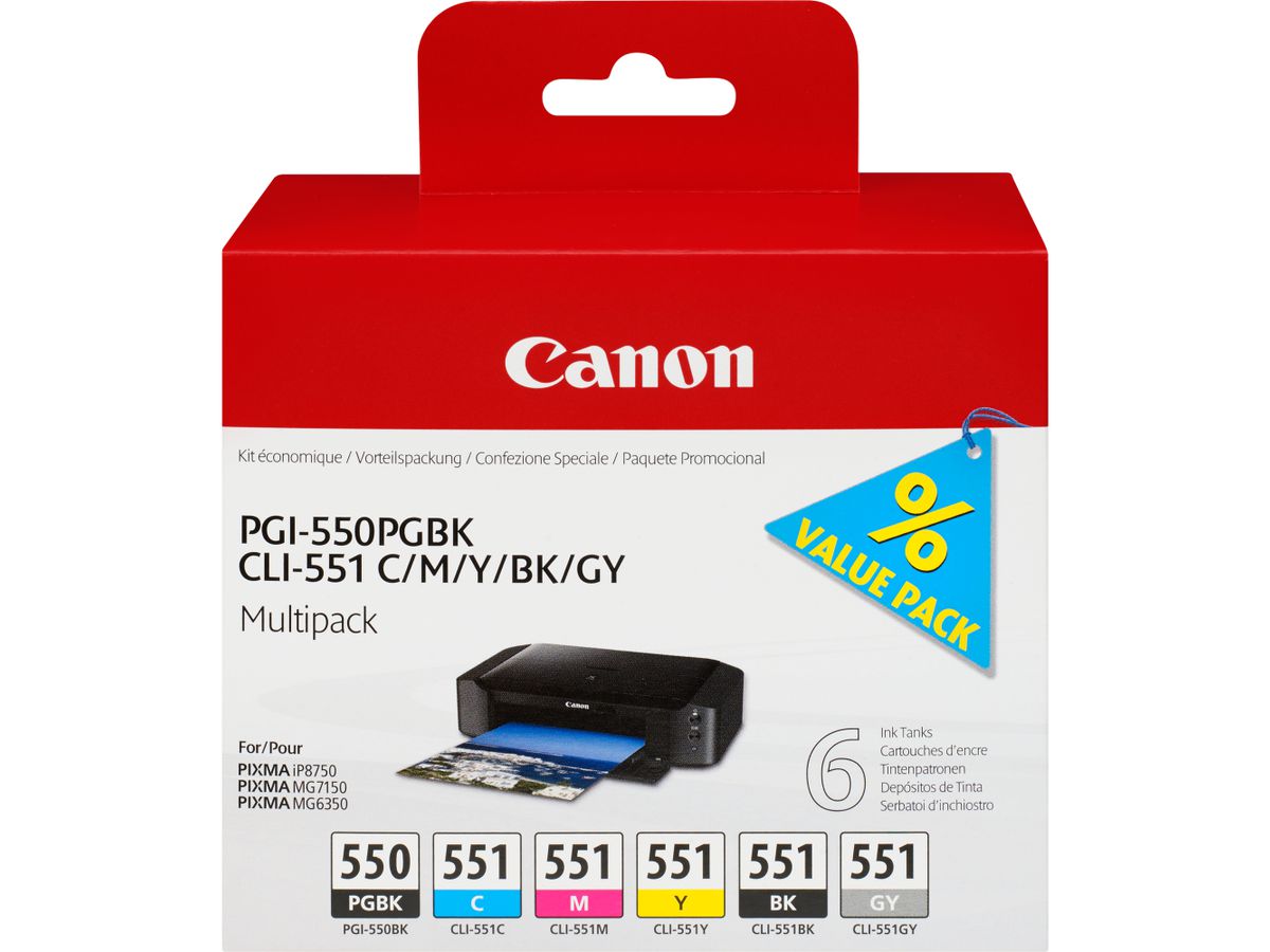 Canon PGI-550/CLI-551 PGBK/C/M/Y/BK/GY Multipack mit 6 Tinten