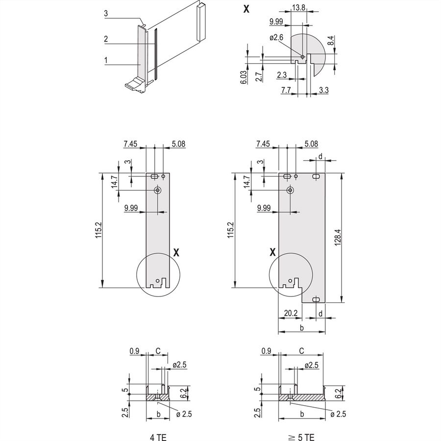 SCHROFF Plug-In Unit U-Profile Face avant pour IEL, IET, Type 2, 3 U, 8 HP, Décalage 0,1", 2,5 mm, Al, Anodisé frontal, Conducteur arrière