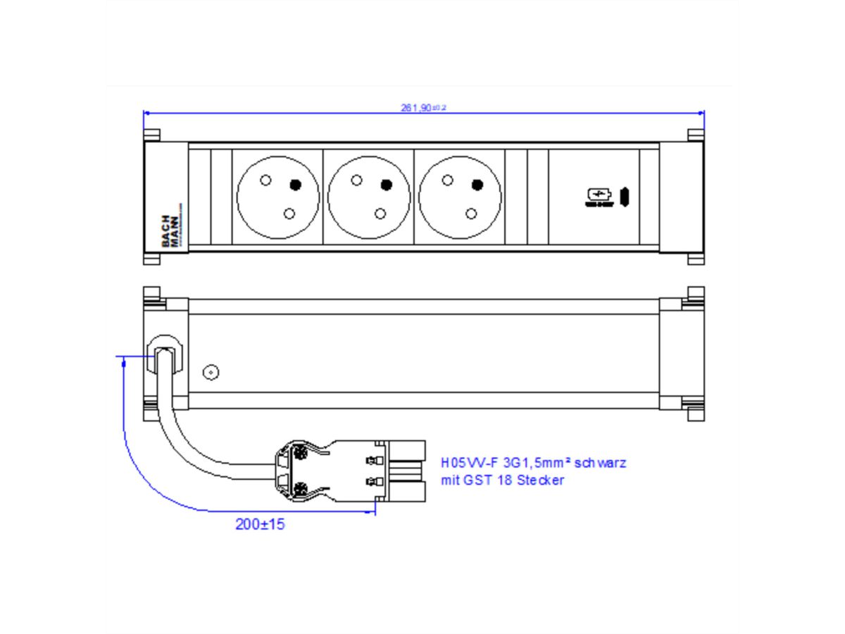 BACHMANN POWER FRAME M 3xUTE 1xUSB C 30W 0,2m GST18