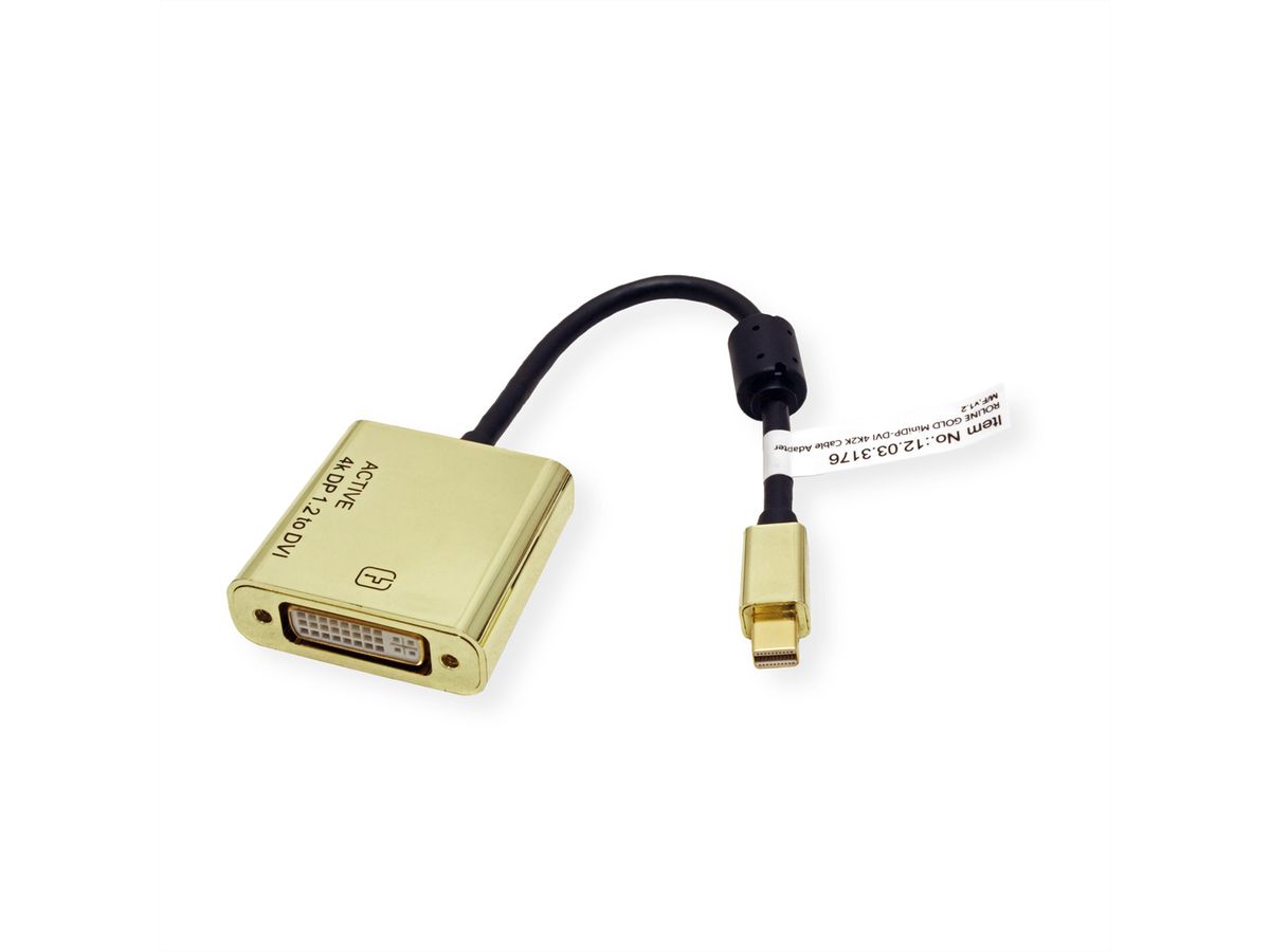 ROLINE GOLD 4K Mini DisplayPort-DVI Adapter, Aktiv, v1.2, Mini DP ST - DVI BU