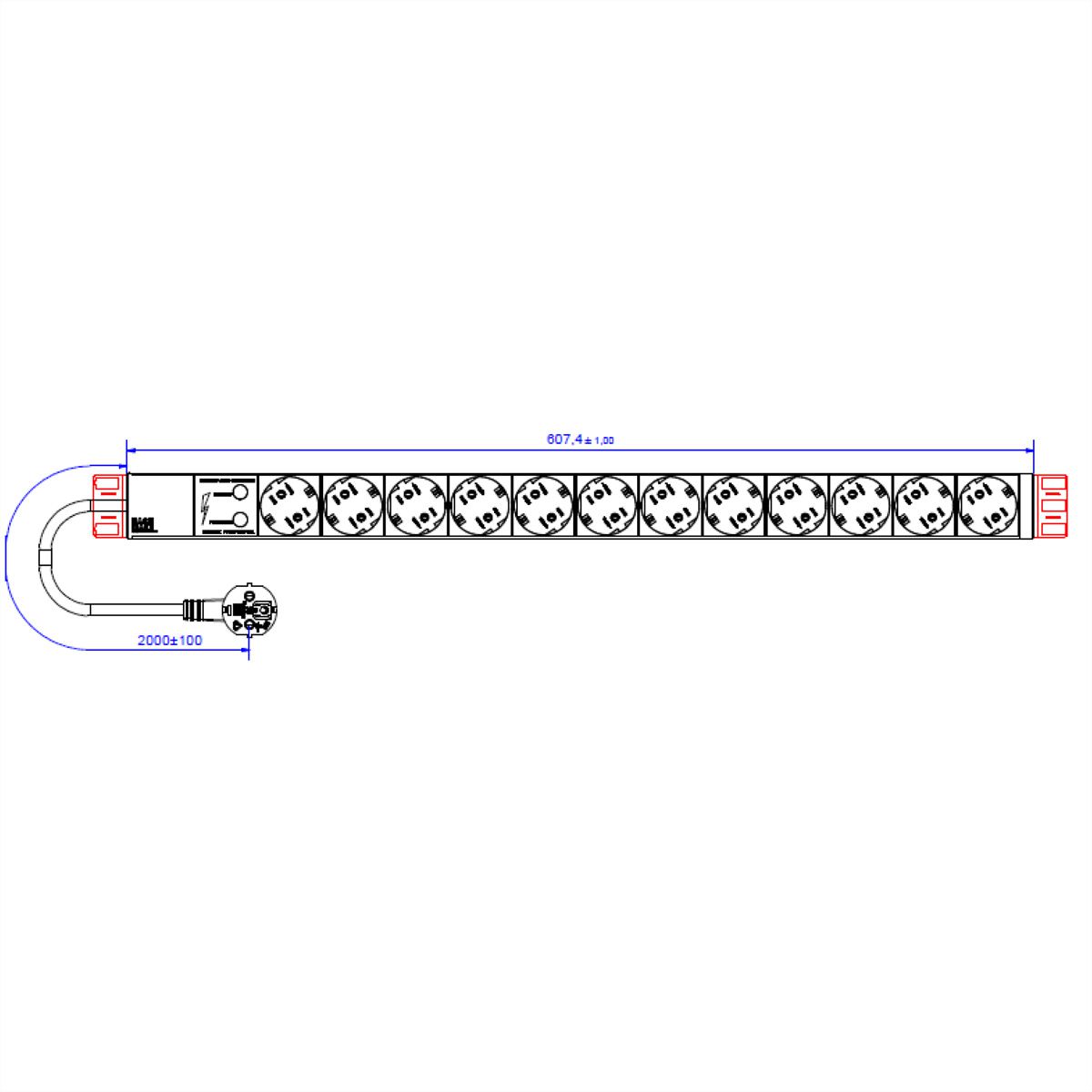 BACHMANN IT PDU ALU 1U 12x contact de protection, câble d'alimentation avec fiche à contact de protection