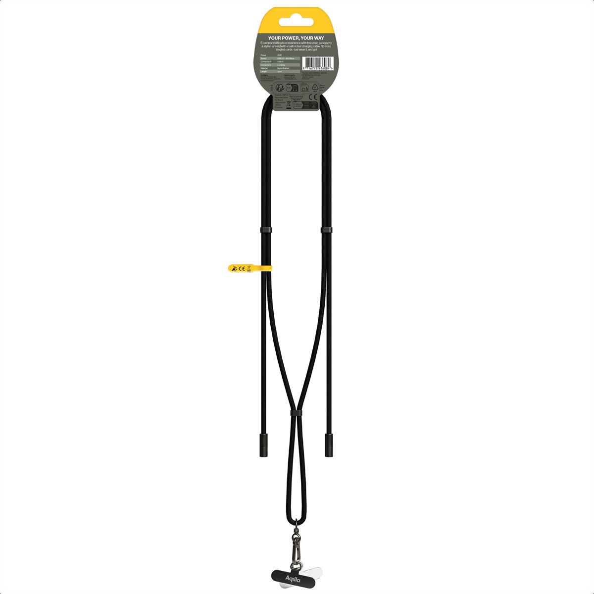 Aqiila Lanyard Lade- & Synckabel CL1, 60W, Typ C zu Lightning, Schwarz