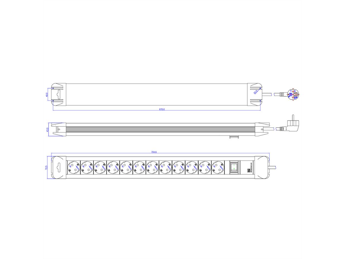 BACHMANN CONNECTUS Multiprise 12x contact de protection, plastique, avec interrupteur, 2,0 m