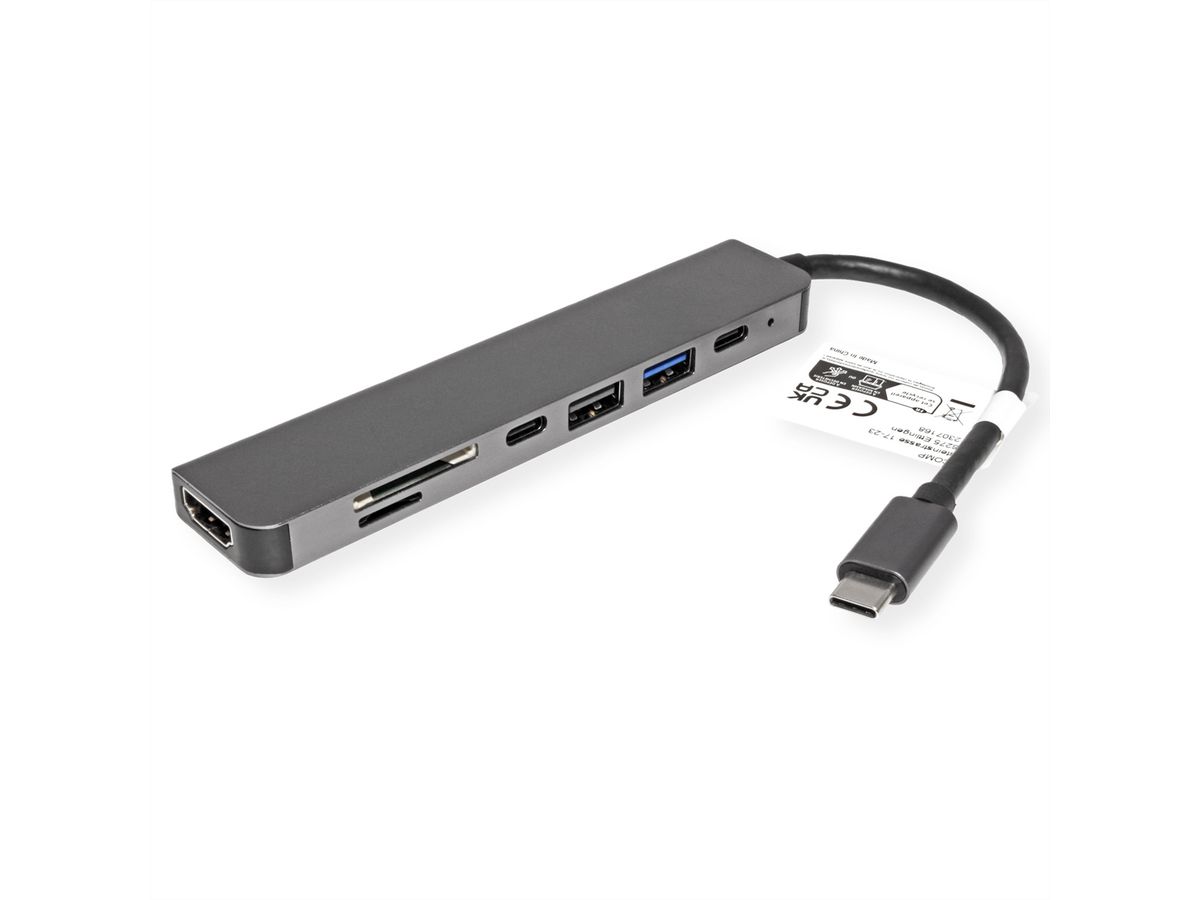 VALUE Station d'accueil USB type C, HDMI 4K60, 2x USB2.0 (A+C) + 1x USB3.2 Gen1 (A), 1x PD, 1x SD/TF