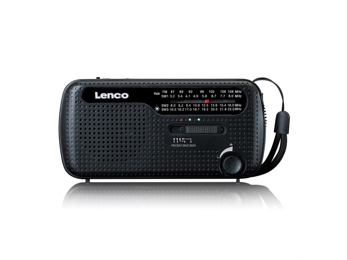 Lenco Radio d'urgence à manivelle MCR-113BK, FM/KW, banque de puissance, lampe de poche
