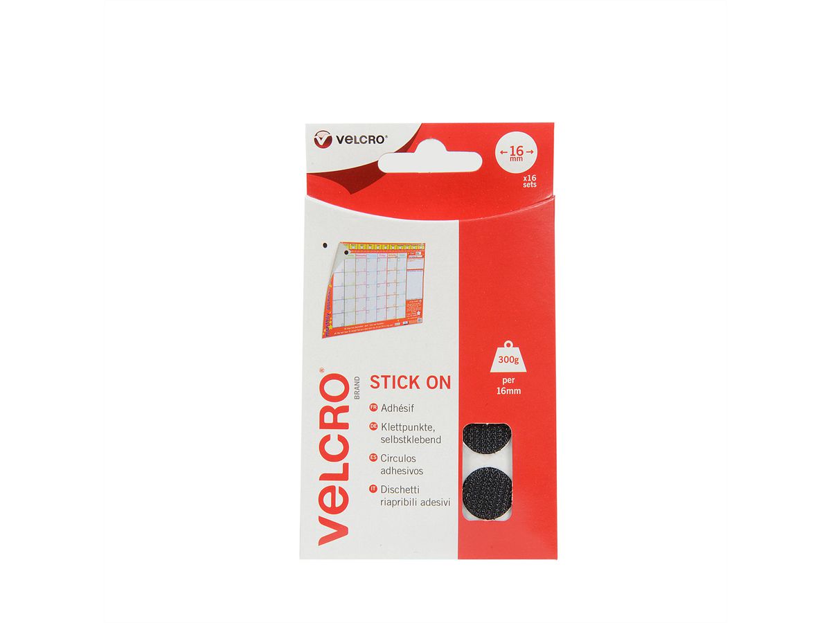 VELCRO® Boutons ronds 16mm x 16 noirs, crochets & velours autocollants