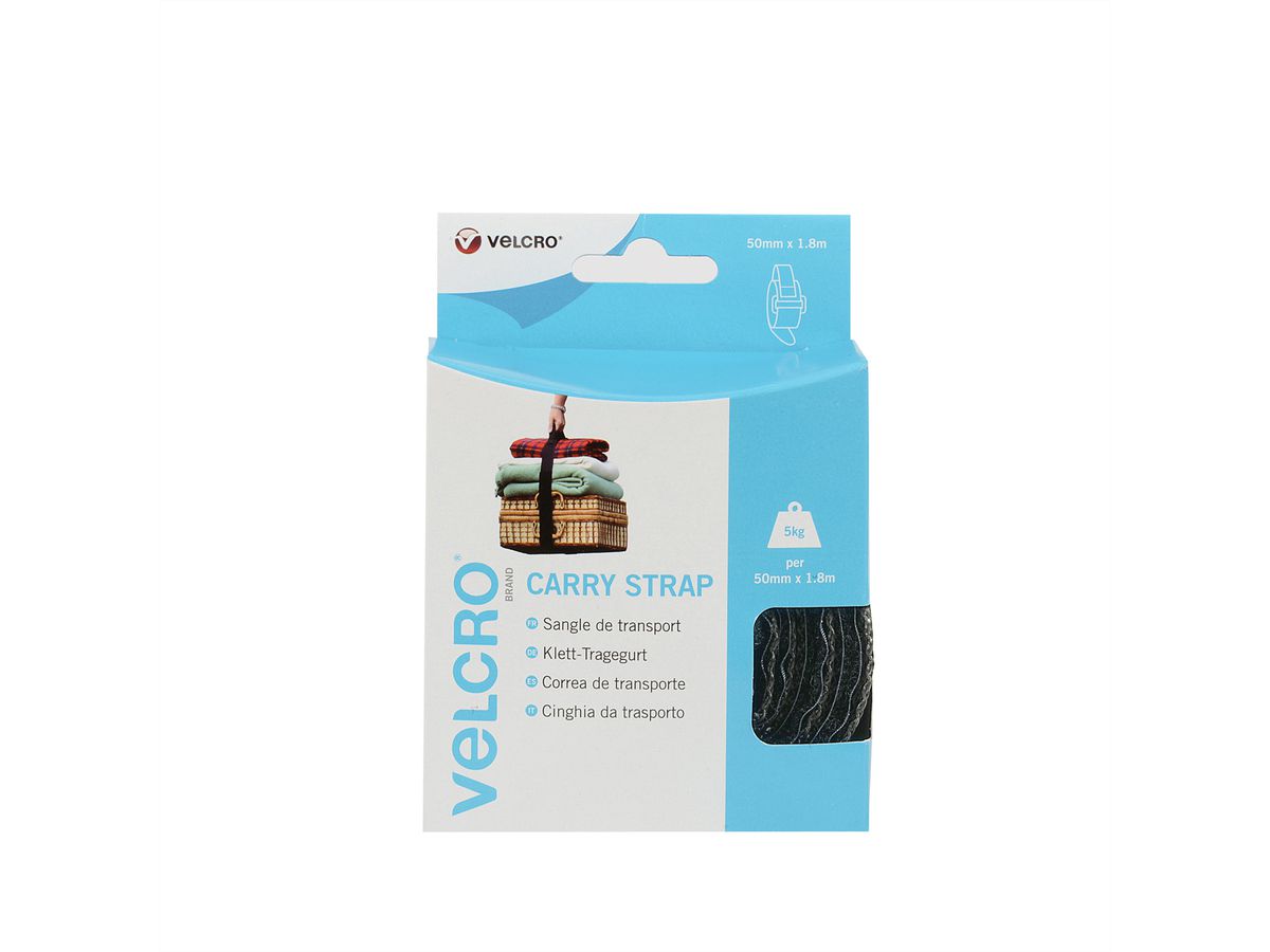 VELCRO® Verstellbarer Tragegurt mit Klettverschluss Carry, Haken & Flausch Gurt 50mm x 1.8m x 1 Schwarz