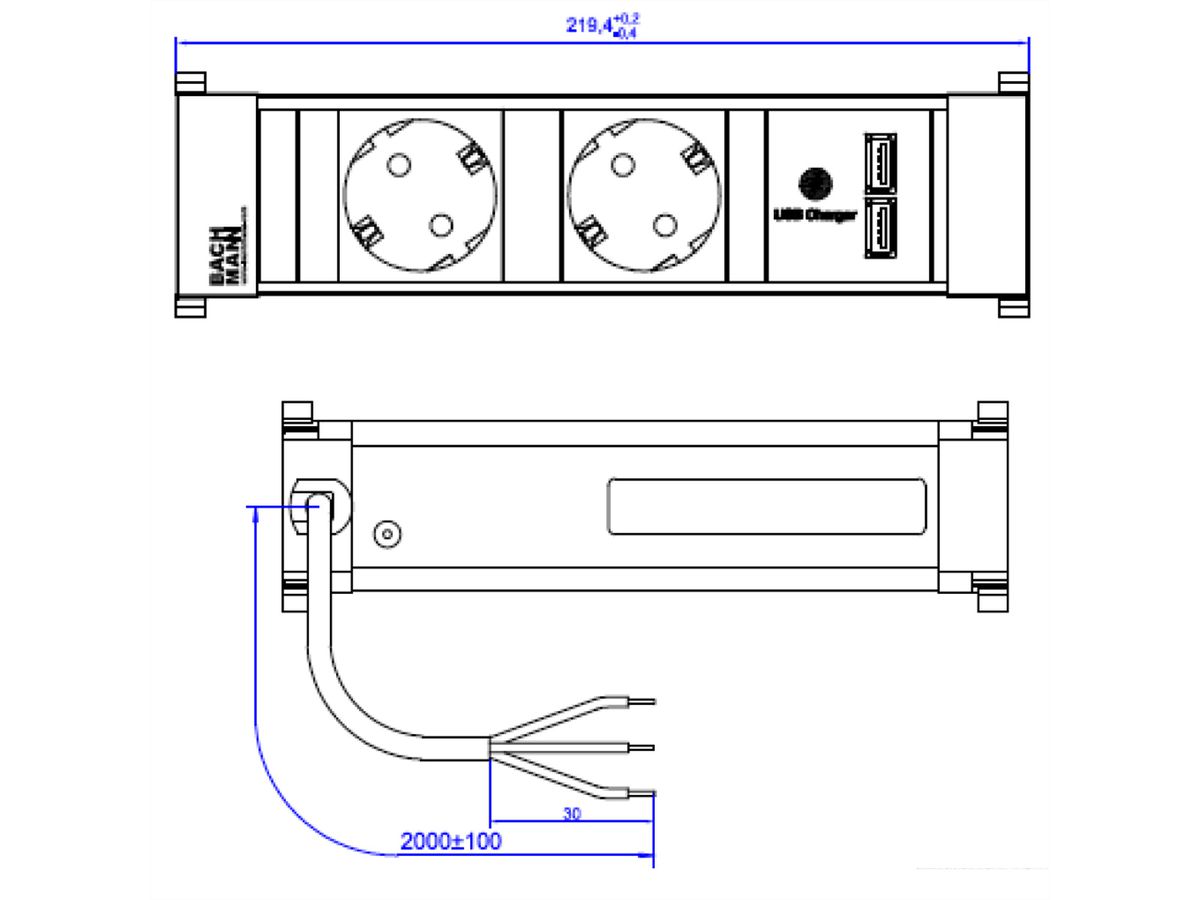 BACHMANN POWER FRAME 2xCEE7/3 USB Chargr, ALLEMAND