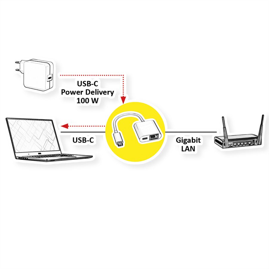 ROLINE USB-C zu Gigabit Ethernet Konverter, PD Port, 100W