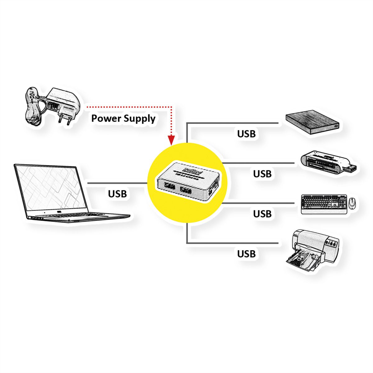 ROLINE USB 2.0 Hub "Black and White", 4 Ports, mit Netzteil