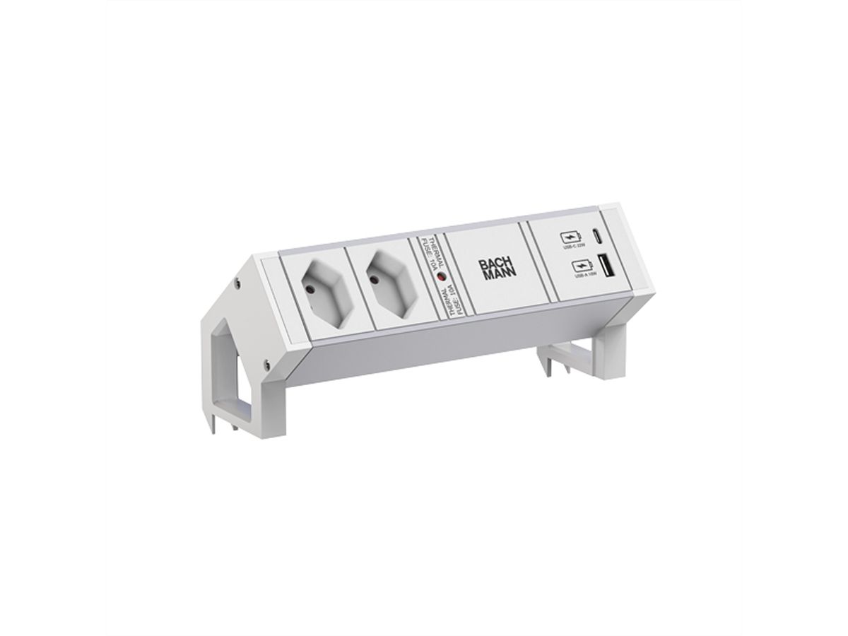 BACHMANN DESK2 ALU WHITE 2xCH 0° 1xUSB A/C 22W 0,2m GST18