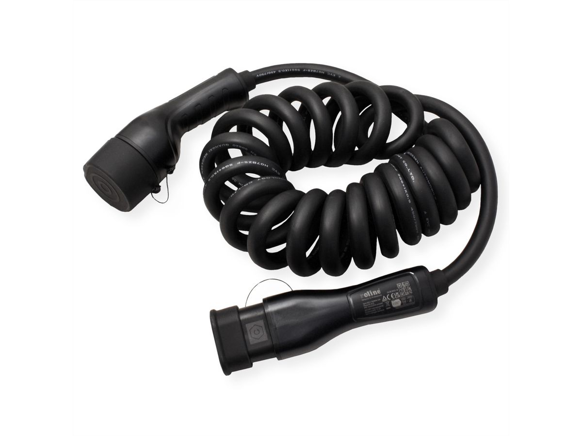ROLINE E-Auto Ladekabel Typ2, 3-phasig, 480VAC (3P+N+E), 16 A, 11 kW, Spiralkabel (max. 3m)
