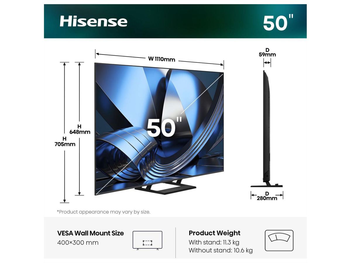 Hisense TV 50U7SE 50", Mini-LED 4K, 144Hz, 1300 Nits