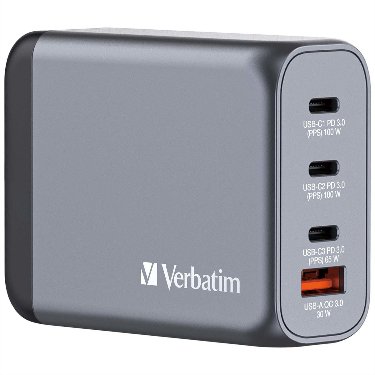 Verbatim GaN 4 Port Charger 100W, 3x USB-C, 1x USB-A, EU+UK Adapter