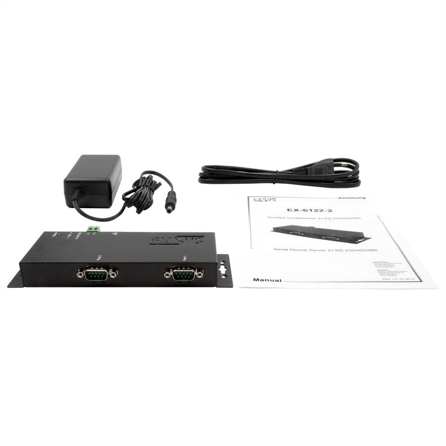 EXSYS EX-6122-2 Ethernet zu Seriell  2 x RS-232/422/485  mit 9 Pin Stecker inkl. Virtual Com Software