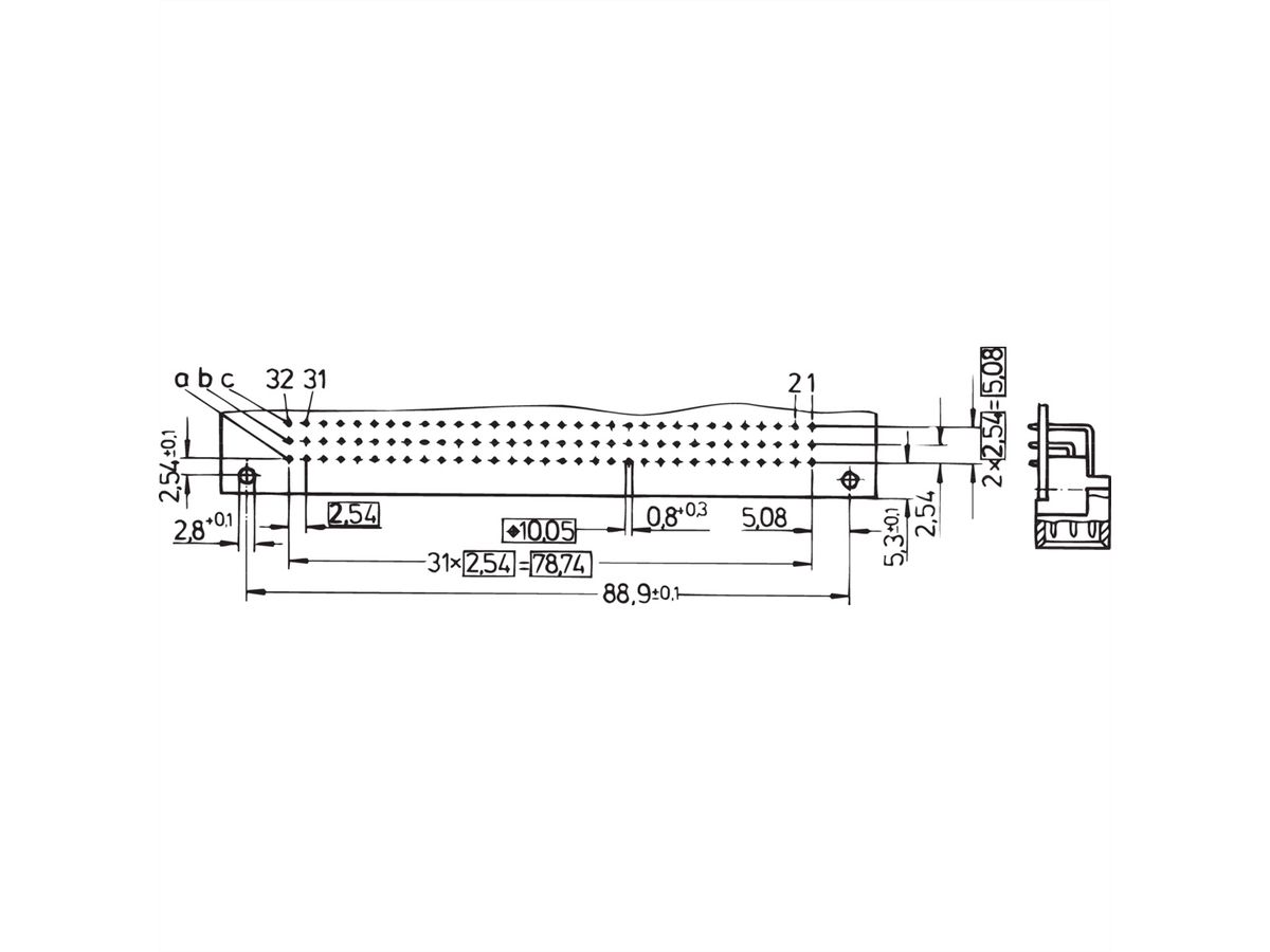 Connecteur SCHROFF de type C, EN 60603, DIN 41612, mâle, 96 contacts, broches à souder, 3 mm