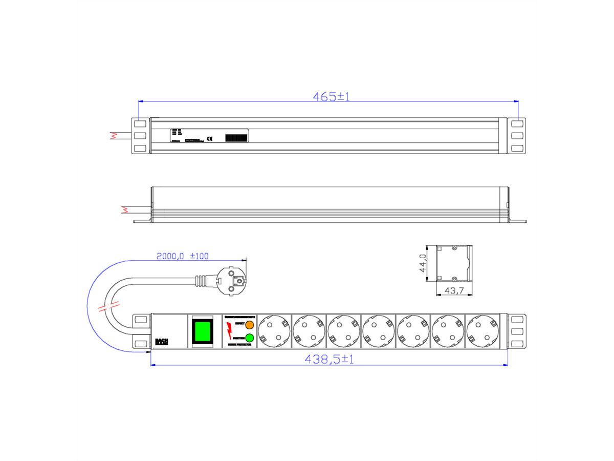 BACHMANN Bâti de prises 19" 7x avec TGB avec interrupteur