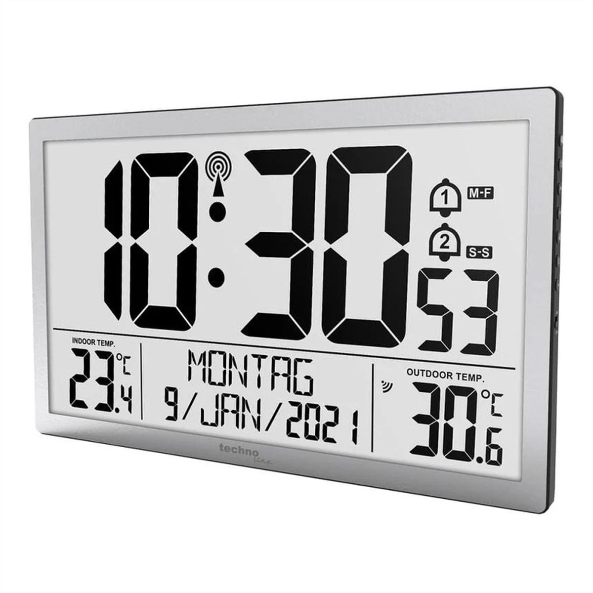 Horloge murale numérique Technoline WS 8113, radio, température intérieure/extérieure, noire, capteur extérieur inclus, argent