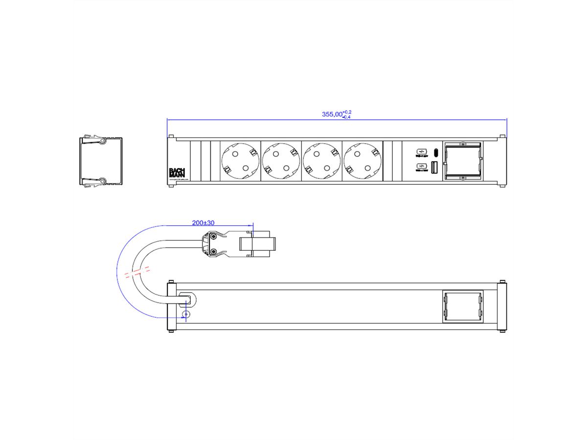 BACHMANN CONI 4xCEE7/3 1xUSB A/C 22W 1xCM 0,2m GST18 RAL9010
