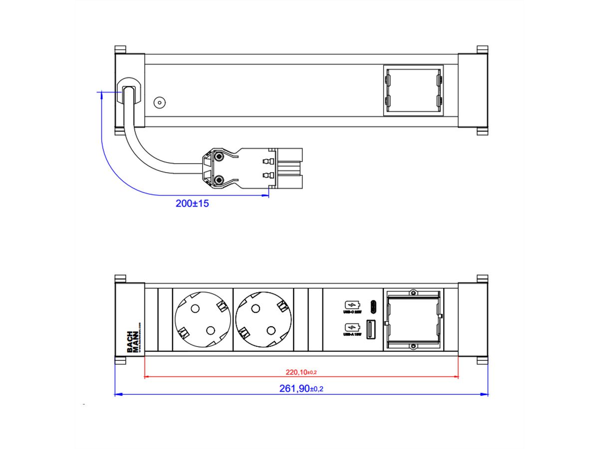 BACHMANN POWER FRAME M 2xCEE7/3, 1xUSB A&C 22W 1xCM 0,2m GST18