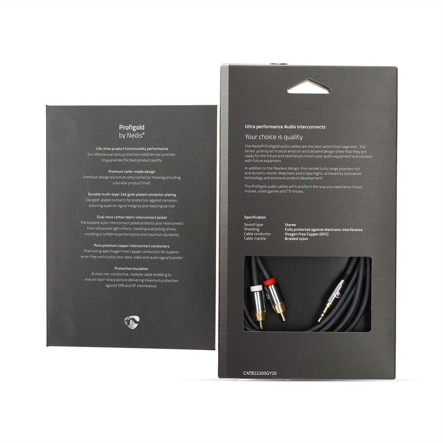 Câble audio stéréo Nedis, 1x jack ST, 2x RCA ST, gris, 2 m