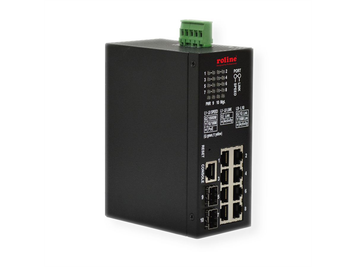 ROLINE Switch industriel Gigabit, 10 ports (8x RJ45 + 2x SFP), PoE+, administré Smart
