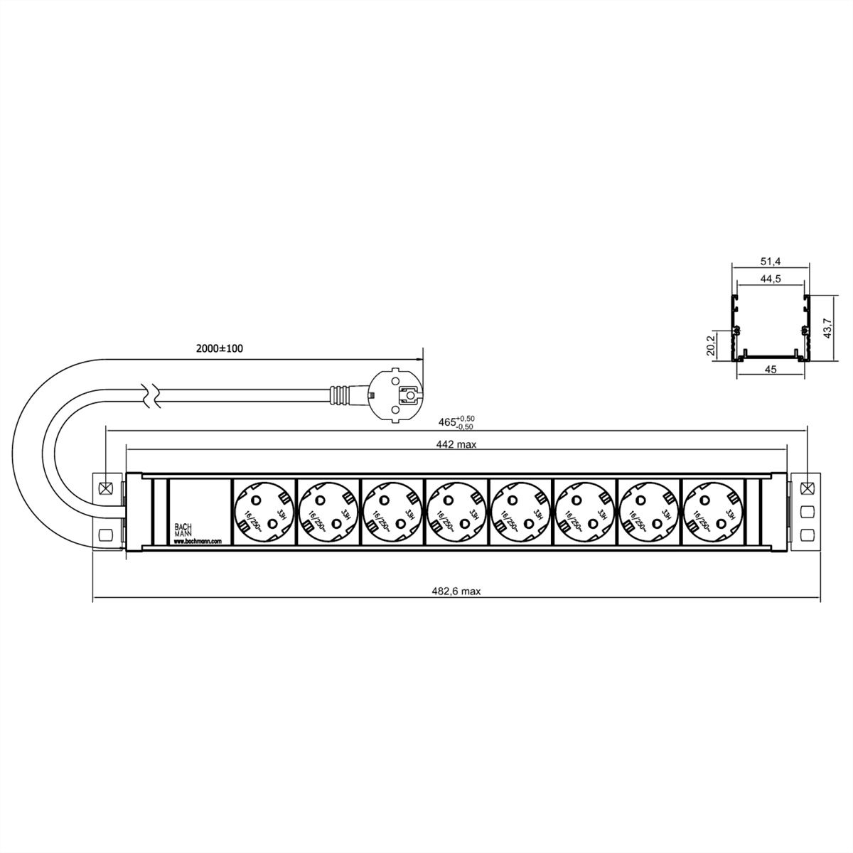 BACHMANN 19" 1,5UH 8xCEE7/3 ws courant 2,0m CEE7/7