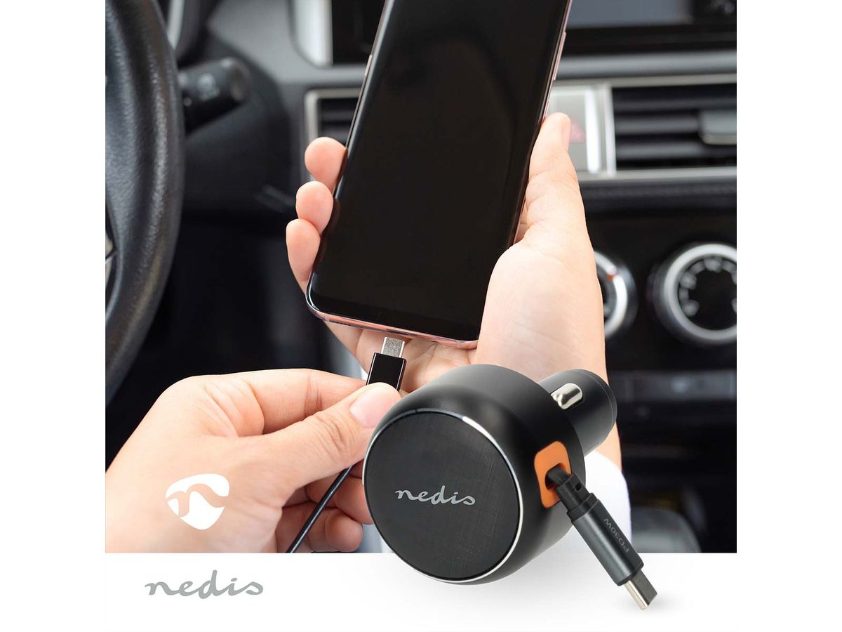 Nedis Auto-Ladegerät – 30 W mit aufrollbarem USB-C-Kabel, car charger 30W - Dunkel Grau