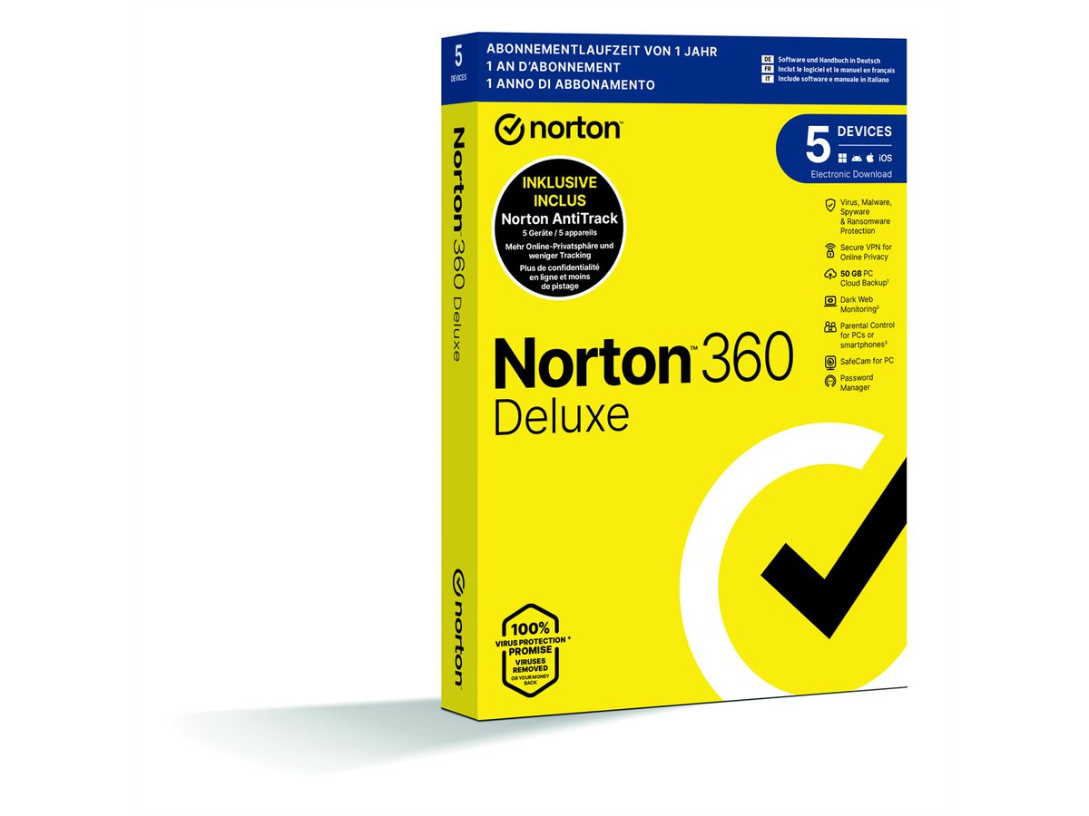 Norton 360 Deluxe Antitrack 5 Device, 50GB, 12 Monate