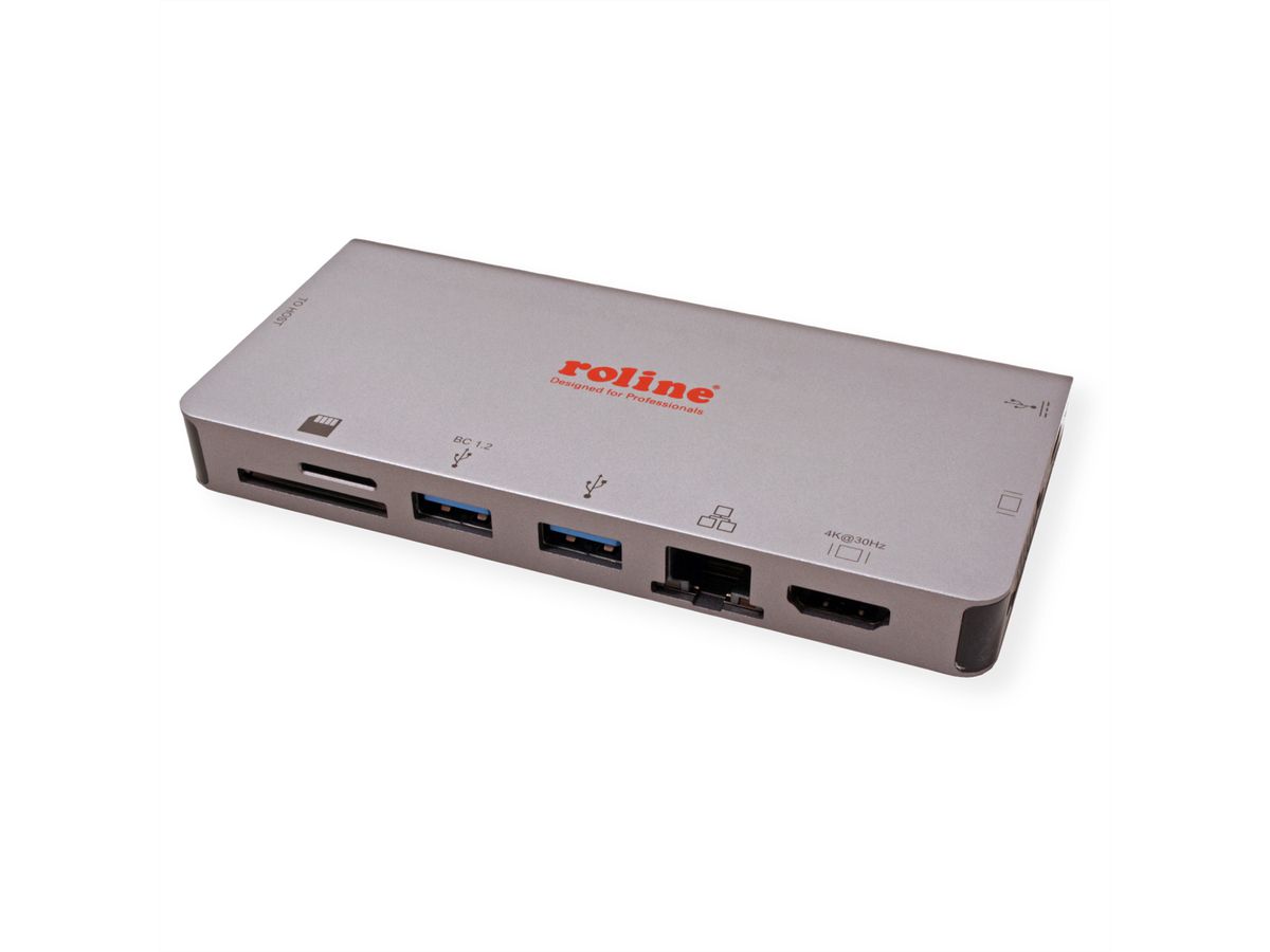 ROLINE Station d'accueil USB type C, HDMI  4K, VGA, 2x USB 3.2 Gen 1, 1x LAN, 1x PD, 1 lecteur de carte