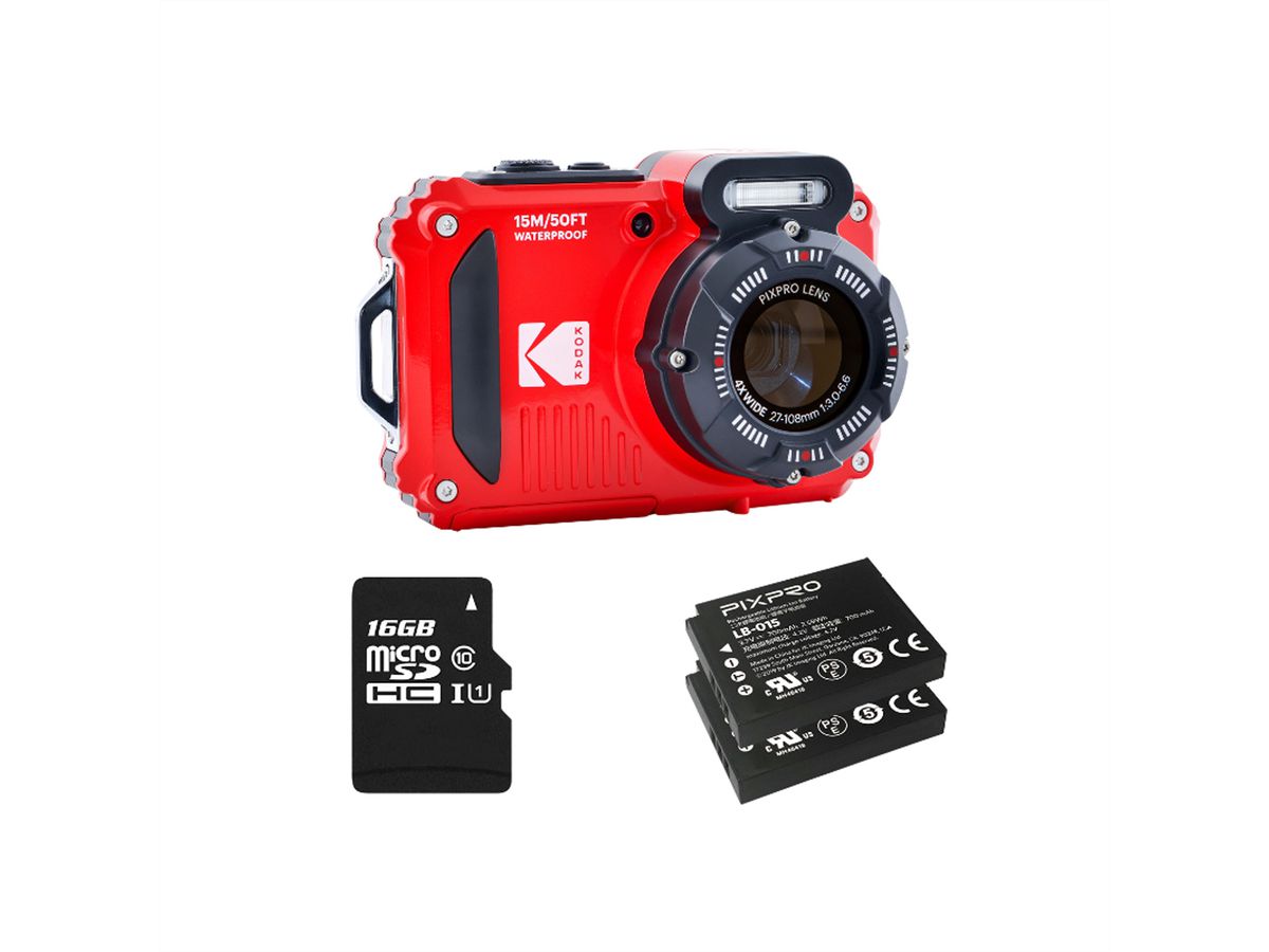 Appareil photo sous-marin Kodak WPZ2RD Bundle, inkl. 2ème batterie + carte SD micro 16Go
