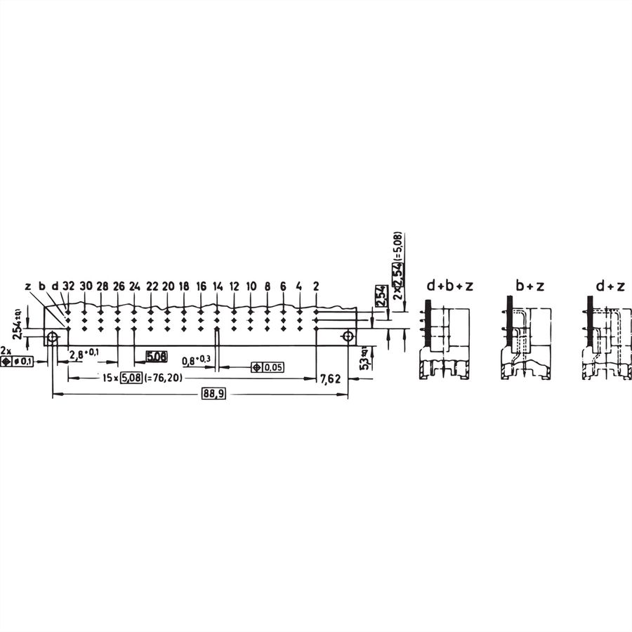 Connecteur SCHROFF de type F, EN 60603, DIN 41612, mâle, 32 contacts z b, broches à souder, 2.9 mm