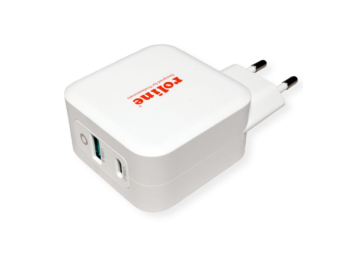 ROLINE USB Charger mit Euro-Stecker, 2 Port (Typ-A QC3.0, Typ-C PD), 65W