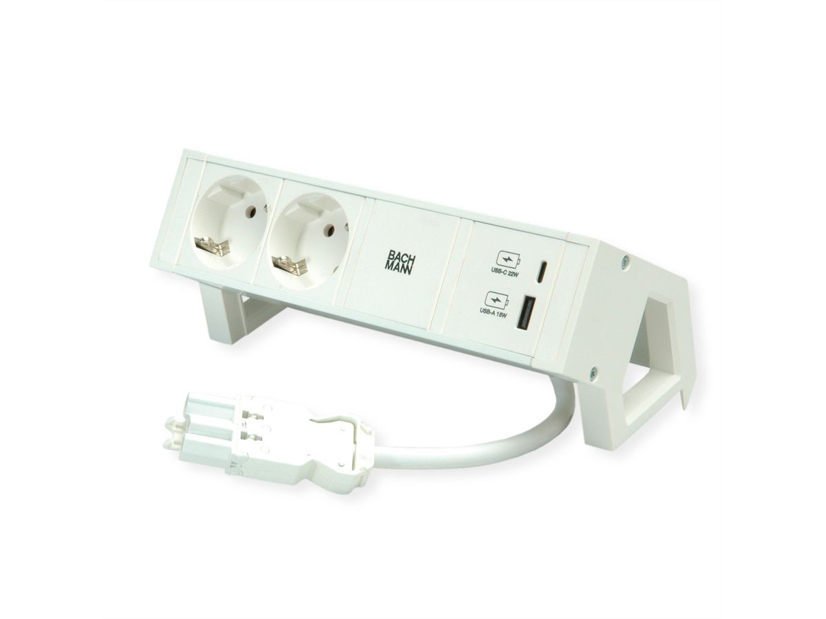 BACHMANN DESK2 ALU WHITE 2x Schutzkontakt, USB Charger 22W A&C, 0,2m GST18