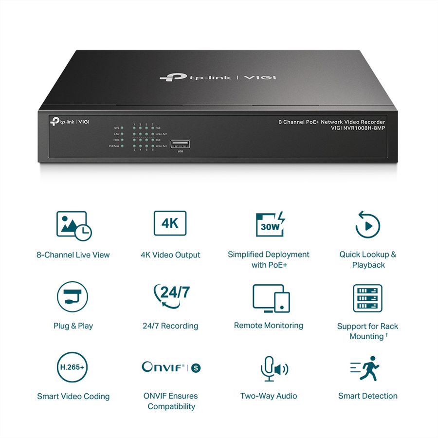 TP-Link NVR1008H-8MP NVR Enregistreur vidéo en réseau 8-CH, 8x PoE